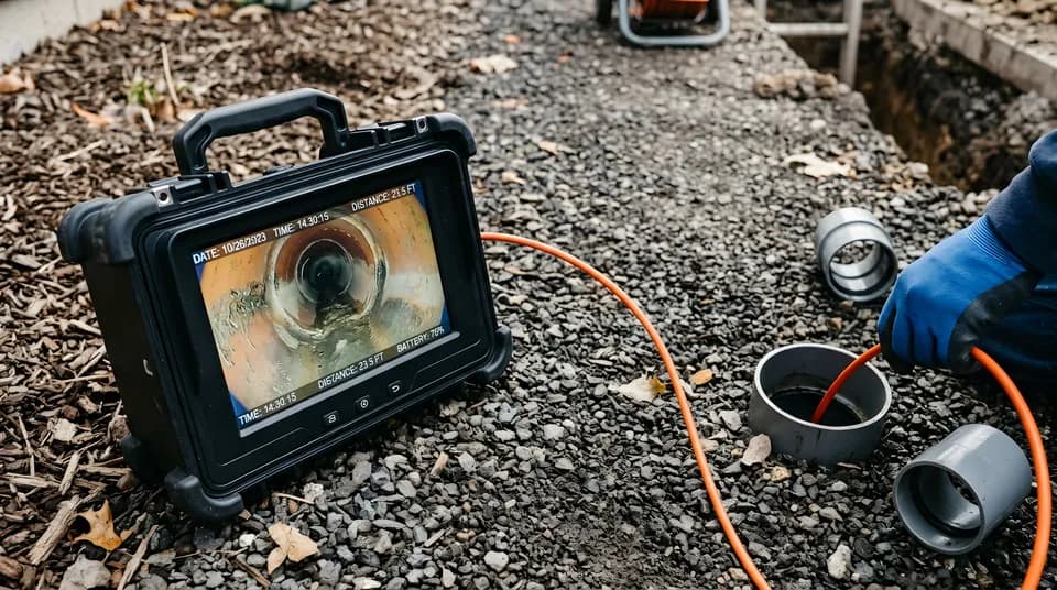 HD sewer camera inspection monitor showing pipe interior