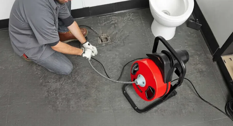 Plumber clearing a residential drain line