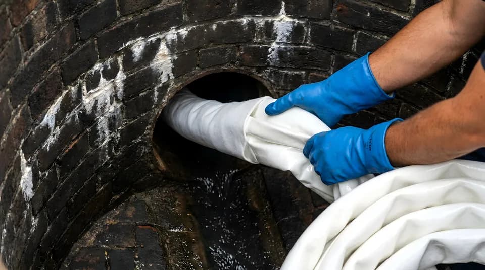 Cured-in-place epoxy pipe lining inside a sewer line